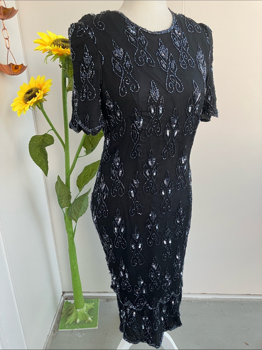 Vintage 80s Black Silver Embellished Beaded Silk & Polyester Short Sleeve Dress